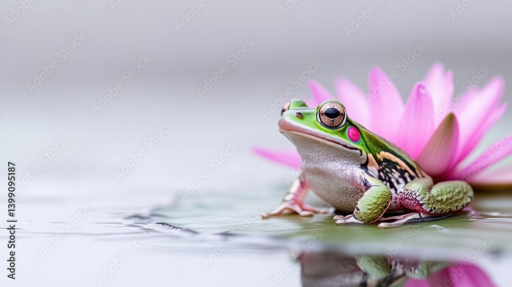 A vibrant frog rests on a lily pad, with a delicate pink lotus flower in the background
