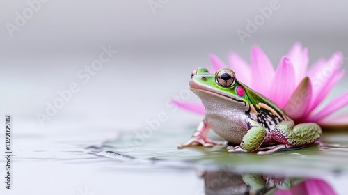 Obraz na płótnie A vibrant frog rests on a lily pad, with a delicate pink lotus flower in the background w salonie