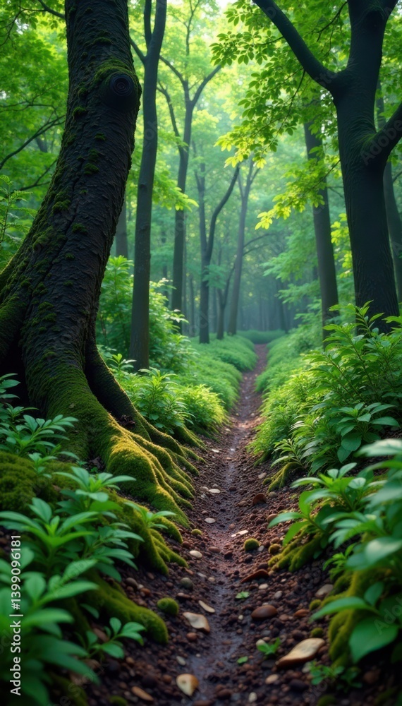 Fototapeta premium Muddy forest path with mossy trees and ferns, foliage, grunge style