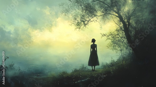 Lonely woman standing near misty forest at dawn, dreamy atmospheric landscape with soft green tones and poetic light creating a sense of solitude and mystery

