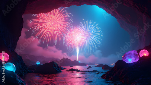 Crystal cave fireworks refract through giant gems, creating laser light shows amplified by bioluminescent fungi in 10K splendor.