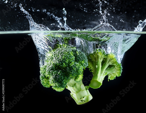 broccoli fall into clear water, which can be seen on a white background