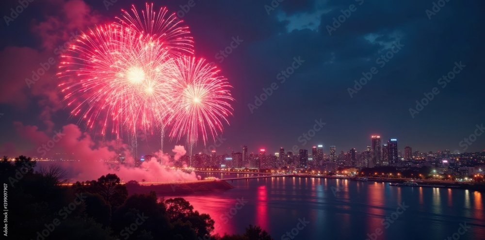 New Year's Eve fireworks exploding in the sky over a festive cityscape, Fireworks, Confetti New Year's Eve fireworks exploding in the sky over a festive cityscape, Fireworks, Confetti