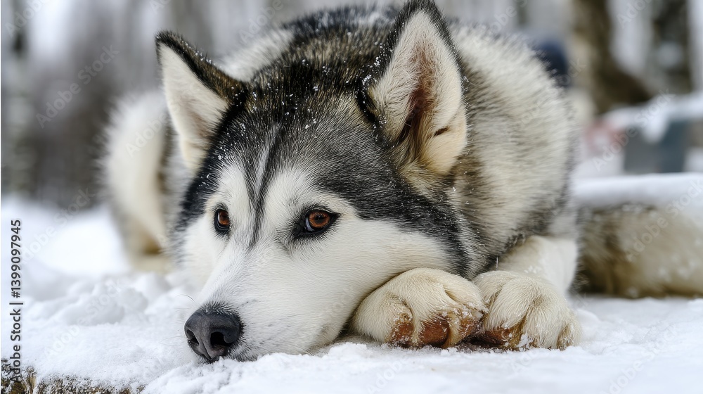 Husky resting in the snow, paws tucked, fluffy fur, serene expression, winter scene - content dog snowdrift Husky resting in the snow, paws tucked, fluffy fur, serene expression, winter scene - content dog snowdrift