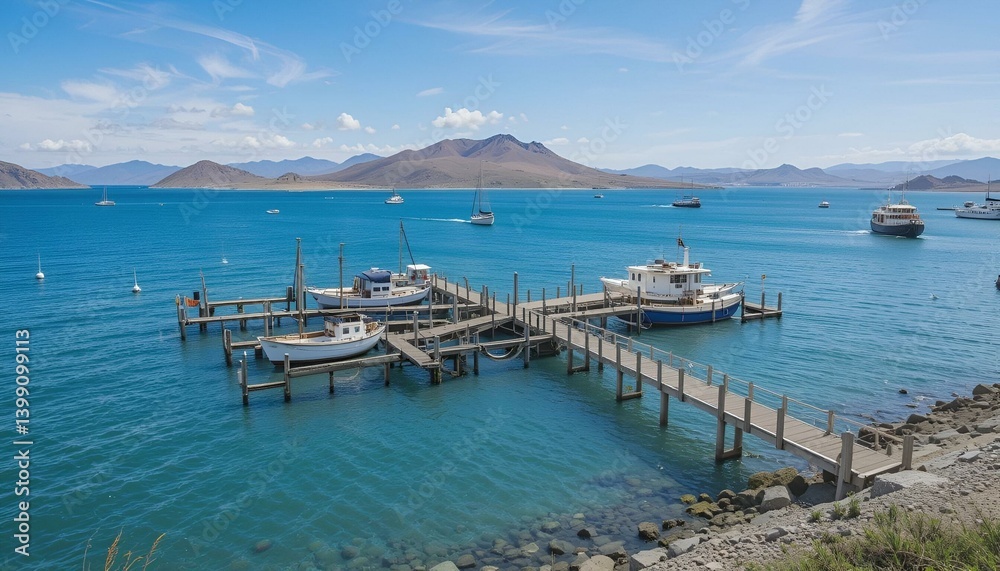 Dock for boats in the Ballestas Islands, within the protected area of the Paracas national reserve, north coast of the Paracas peninsula, Pisco, department of Ica, Peru. Dock for boats in the Ballestas Islands, within the protected area of the Paracas national reserve, north coast of the Paracas peninsula, Pisco, department of Ica, Peru.