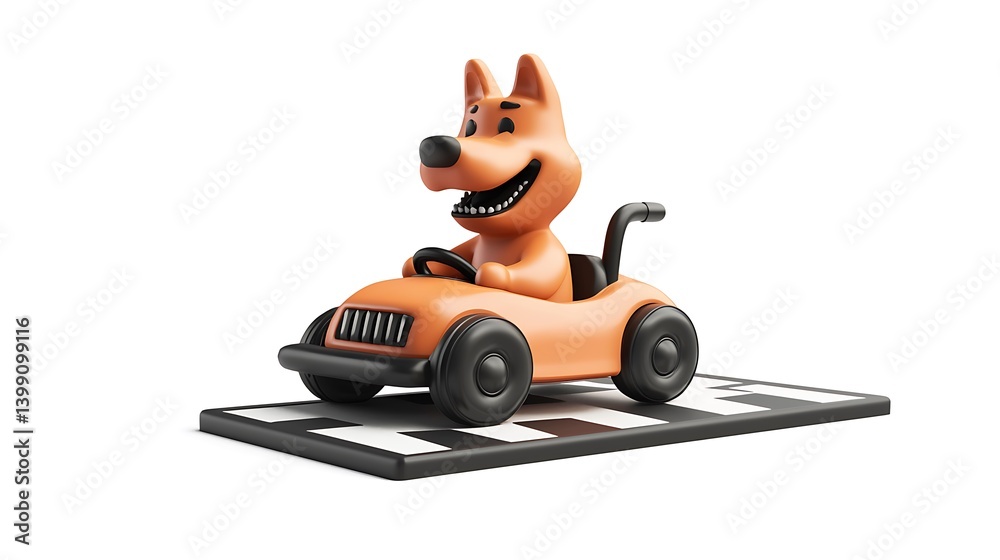 Obraz premium Playful Cartoon Dog in Orange Go-Kart Ready for Racing Adventure on Checkered Mat