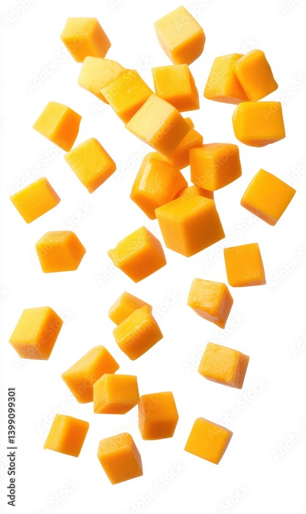 Vibrant Yellow Cheese Cubes Falling on a White Background, Perfect for Culinary Designs, Food Promotions, and Snack Recipes Vibrant Yellow Cheese Cubes Falling on a White Background, Perfect for Culinary Designs, Food Promotions, and Snack Recipes