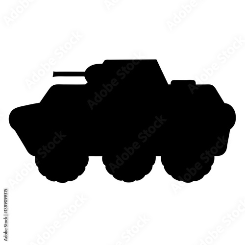 Black silhouette of a military armored personnel carrier vehicle on white background