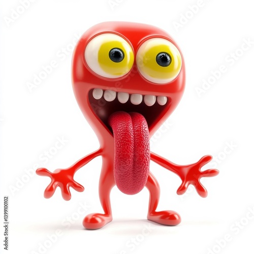 A whimsical red figure with a goofy expression, bulging eyes, and a large double tongue, standing on a white background. Cheerful and fun.