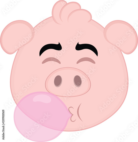 vector illustration emoji character face pig cartoon, chewing and making bubblegum balloon candy