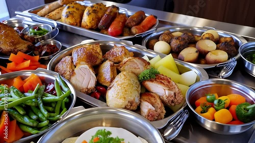 A mouthwatering buffet feast presented in elegant stainless steel trays, filled with roasted meats and colorful vegetables