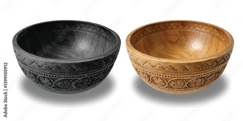 Hand-Carved wooden bowl isolated on white, Yalow, Black, an empty kitchen object Hand-Carved wooden bowl isolated on white, Yalow, Black, an empty kitchen object