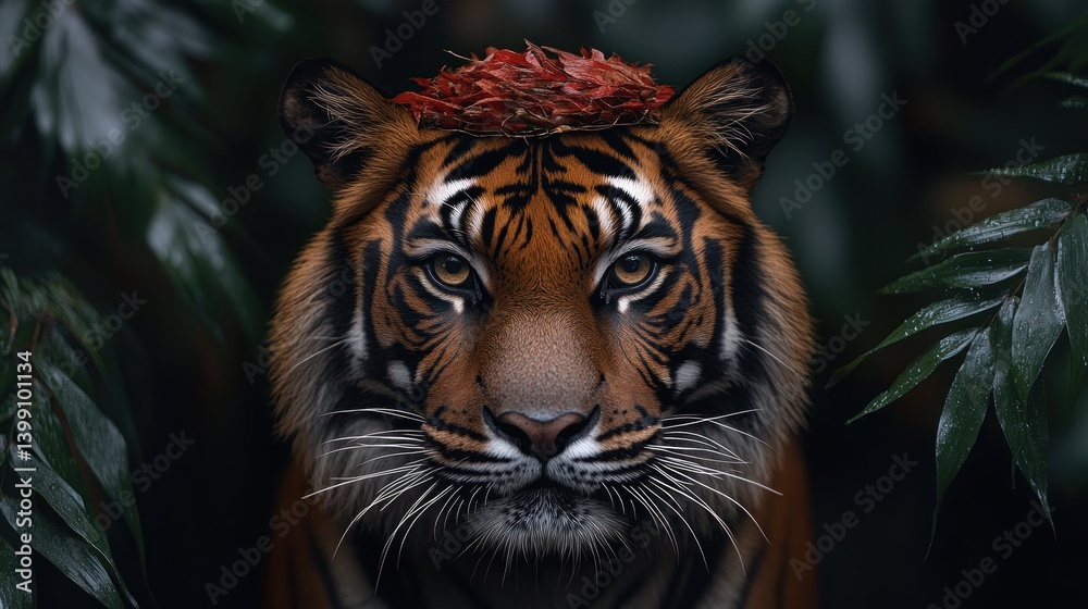 Majestic Sumatran Tiger Adorned with Autumn Leaves