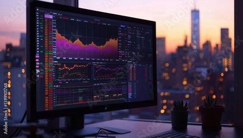 Wallpaper Mural Financial data displayed on a monitor, cityscape view.  Detailed stock market graphs and charts,  illuminated by a vibrant sunset over a bustling city Torontodigital.ca