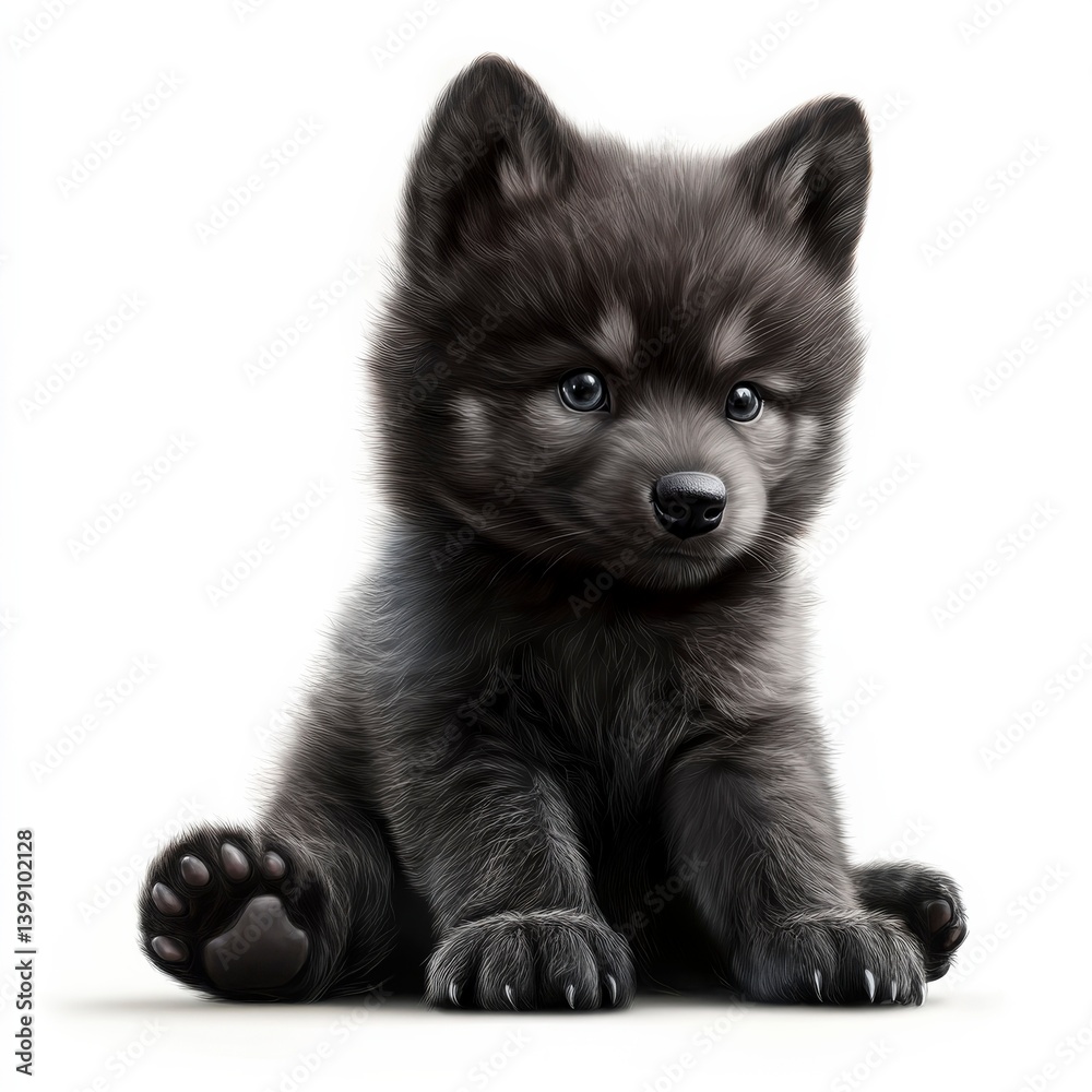 A charming digital portrait of a black wolf cub with endearing eyes, set against a pristine white backdrop, capturing its playful demeanor. A charming digital portrait of a black wolf cub with endearing eyes, set against a pristine white backdrop, capturing its playful demeanor.