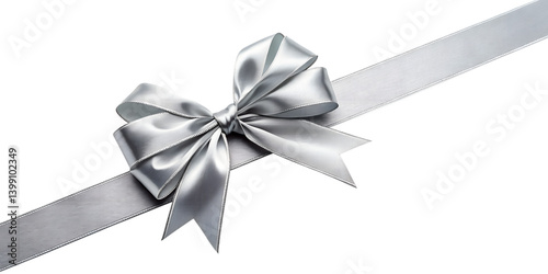 Large silver bow on the left side of a straight ribbon, isolated on a transparent background - ideal for banners or frames Easter, Christmas, birthdays, gifts, Valentine's Day