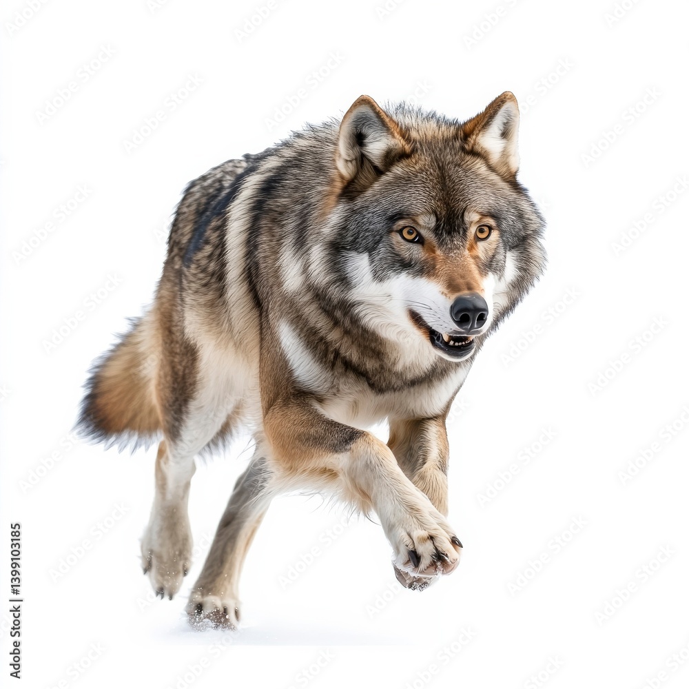A wolf on the run, a wild animal isolated on a white background with a predatory look, the wolf is running and appears fierce. A wolf on the run, a wild animal isolated on a white background with a predatory look, the wolf is running and appears fierce.