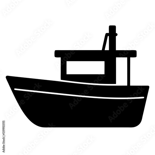 Illustration of a simple black silhouette fishing boat with cabin and mast