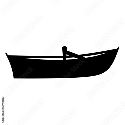 A black silhouette of a wooden rowboat with a mast on white