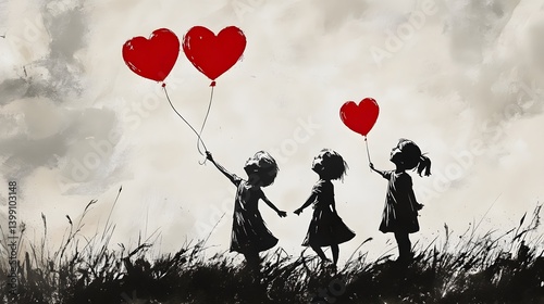 Street art style illustration of three little girls holding red heart-shaped balloons, stencil silhouettes on grunge background, playful and emotional concept

