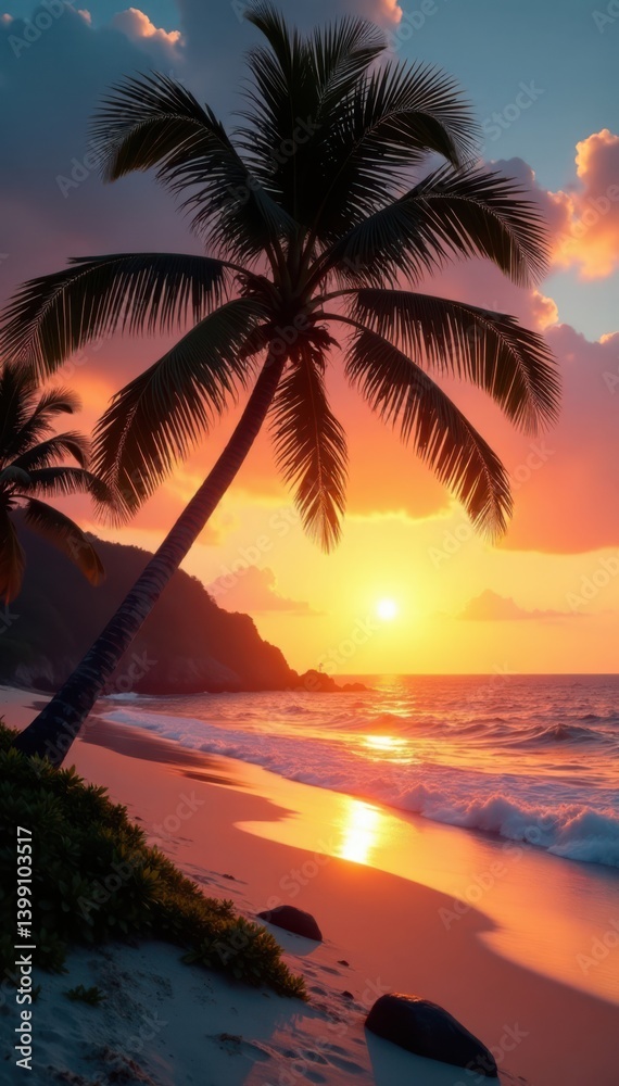 palm tree on beach at sunrise with warm light, ocean, vintage tone