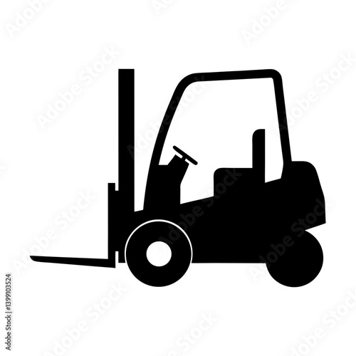 A solid black silhouette of a forklift material handling vehicle design