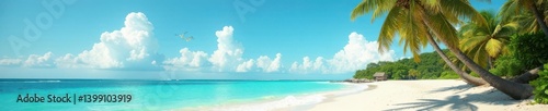 Palm trees sway gently on a warm sandy beach, with turquoise water and a few seagulls in the air , turquoise, beach