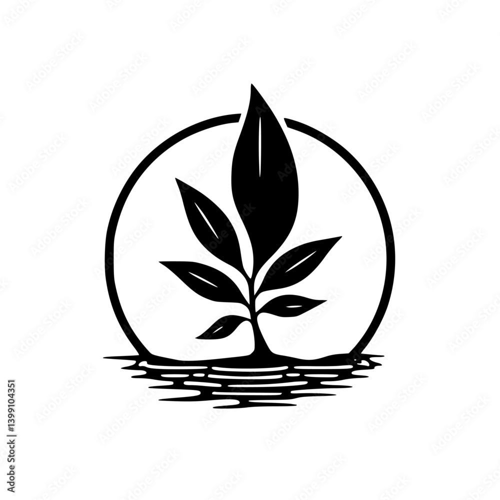 Minimalist Plant Logo in Circle, Black & White, Nature Icon Minimalist Plant Logo in Circle, Black & White, Nature Icon