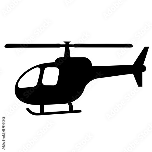 Silhouette of a helicopter with rotor blades, a tail fin, and windows