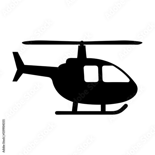 Silhouette of a helicopter with rotor blades, a tail fin, and windows