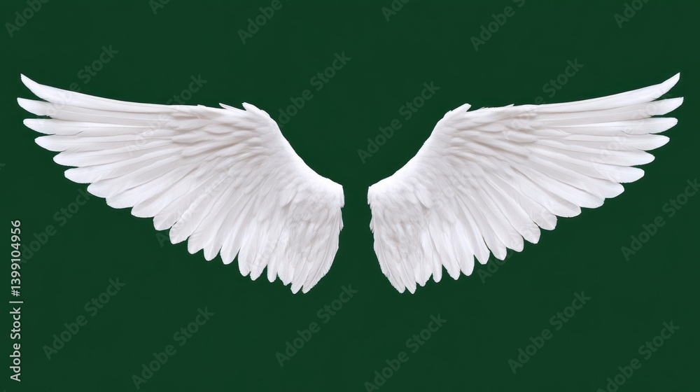 Fototapeta premium Pair of white angel wings isolated on green.