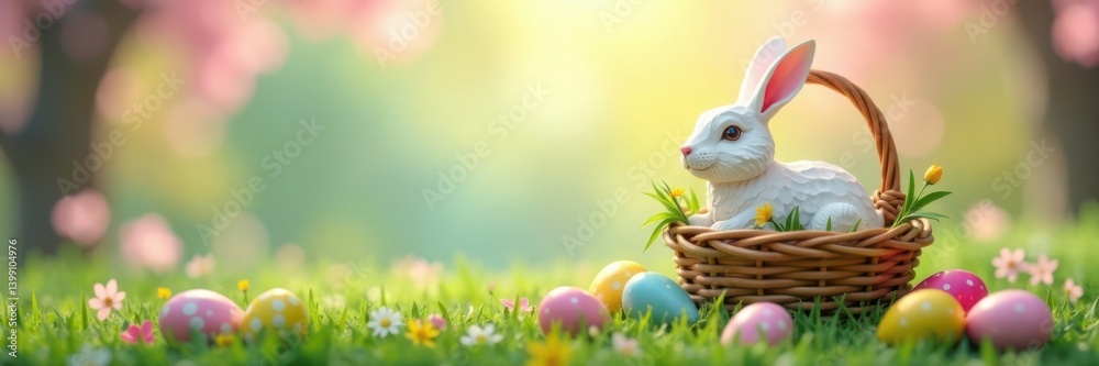 Paper cut rabbit in a basket with colorful Easter eggs and candy, gift, paper cut Paper cut rabbit in a basket with colorful Easter eggs and candy, gift, paper cut