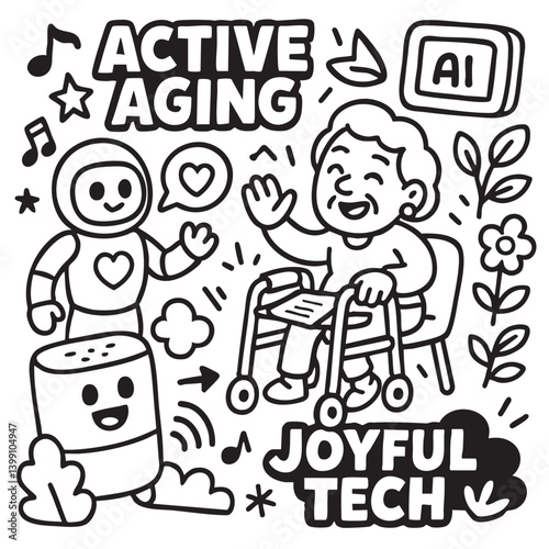 Active aging and joyful tech doodle illustration