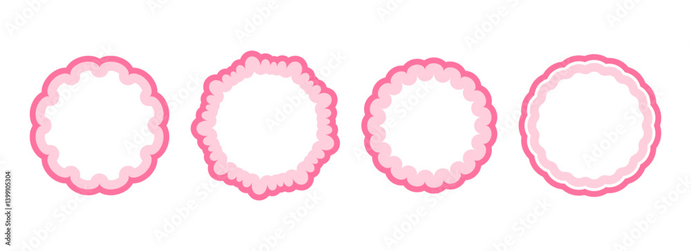 Cute frill pattern frame set. Pink scalloped circle border collection. Soft wavy lace edge shapes in rococo style for decoration, poster, banner, brochure. Girly coquette round element pack. Vector Cute frill pattern frame set. Pink scalloped circle border collection. Soft wavy lace edge shapes in rococo style for decoration, poster, banner, brochure. Girly coquette round element pack. Vector