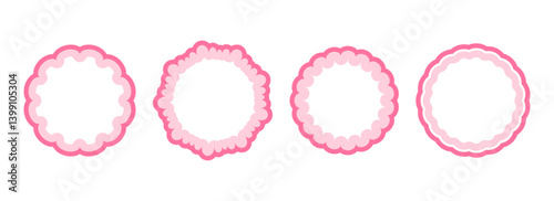 Cute frill pattern frame set. Pink scalloped circle border collection. Soft wavy lace edge shapes in rococo style for decoration, poster, banner, brochure. Girly coquette round element pack. Vector