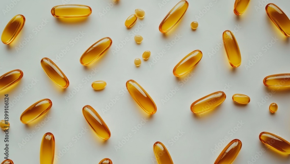 Golden capsules scattered on a white surface
