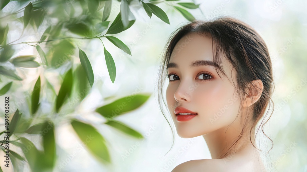 Bright setting portrait of a Korean woman, aged 25, with soft green leaves Bright setting portrait of a Korean woman, aged 25, with soft green leaves