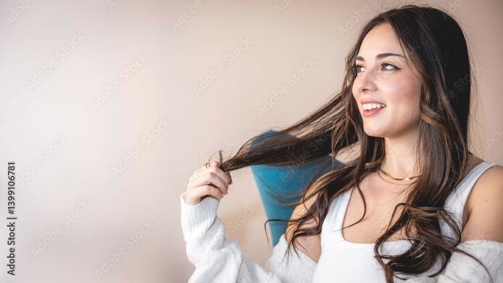 Fototapeta premium Young beautiful woman sitting at home relaxing
