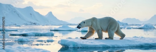 Polar bear walking on icy landscape at South Pole, arctic wildlife, polar bear