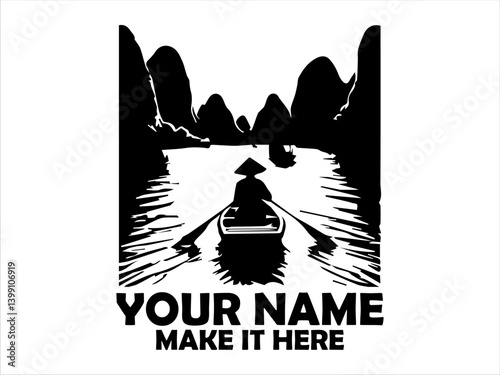Silhouette of a lone figure wearing a traditional conical hat rowing a small boat on a tranquil river surrounded by dark, mountainous karst landforms nature concept and illustration logo vector design