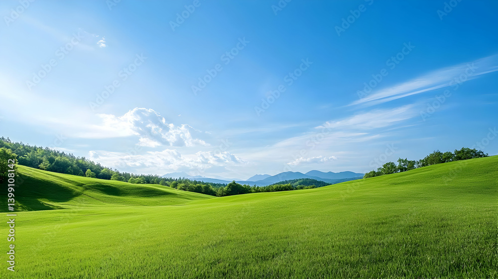 Fototapeta premium Panoramic View Of Lush Green Meadow With Rolling Hills Under Sunny Sky