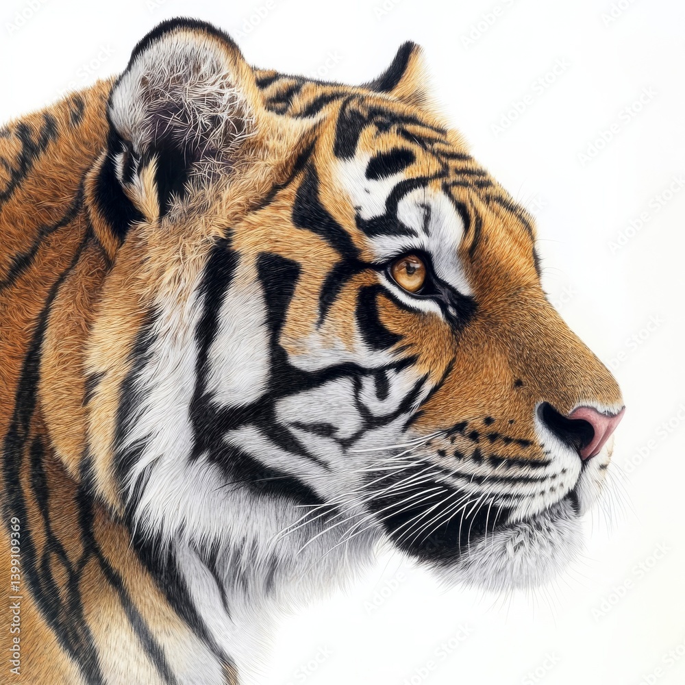 Obraz premium Striking tiger portrait showcasing its majestic fur, intricate black stripes, and intense golden eyes against a clean, white backdrop.