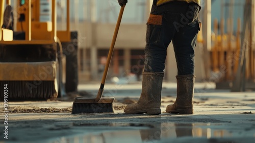 A construction site laborer cleaning a work area. Featuring diligence and focus