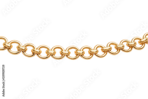Elegant gold chain with interlocking circular links on a white background.