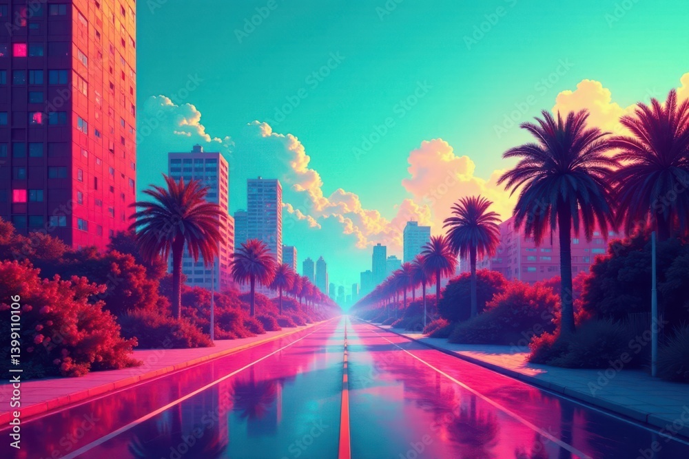 Fototapeta premium Retro-style slide with a stylized cityscape in bright hues, urban, bright