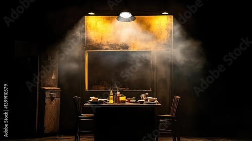 Wallpaper Mural A dimly lit, atmospheric kitchen scene, suggesting a tense or suspenseful moment.  A small table with food and drinks sits in the center, while spotlights highlight the area. Smoke fills the air, Torontodigital.ca