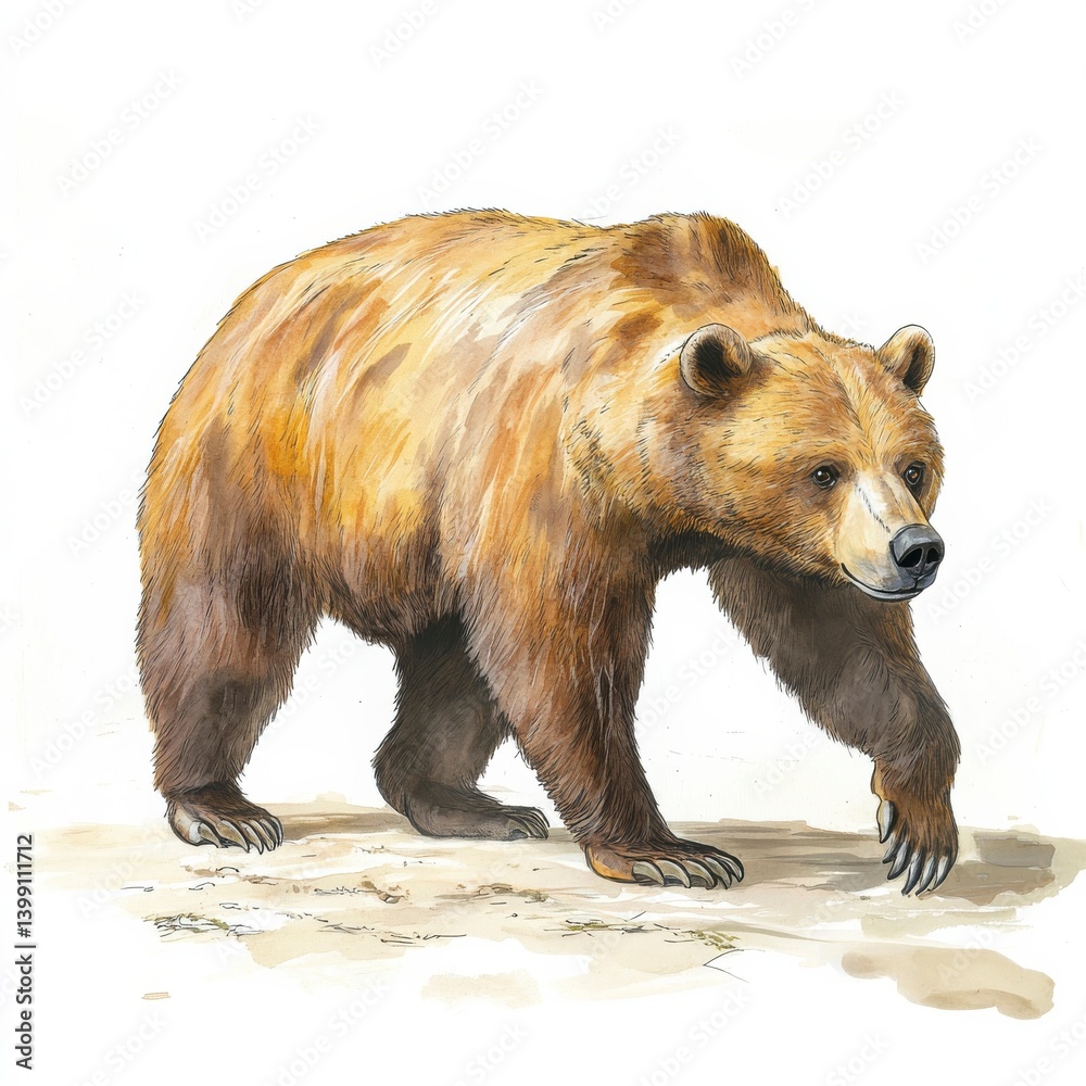 Fototapeta premium A majestic bear walks across the terrain. The image showcases the animal in watercolor style. It's solitary and potentially powerful.