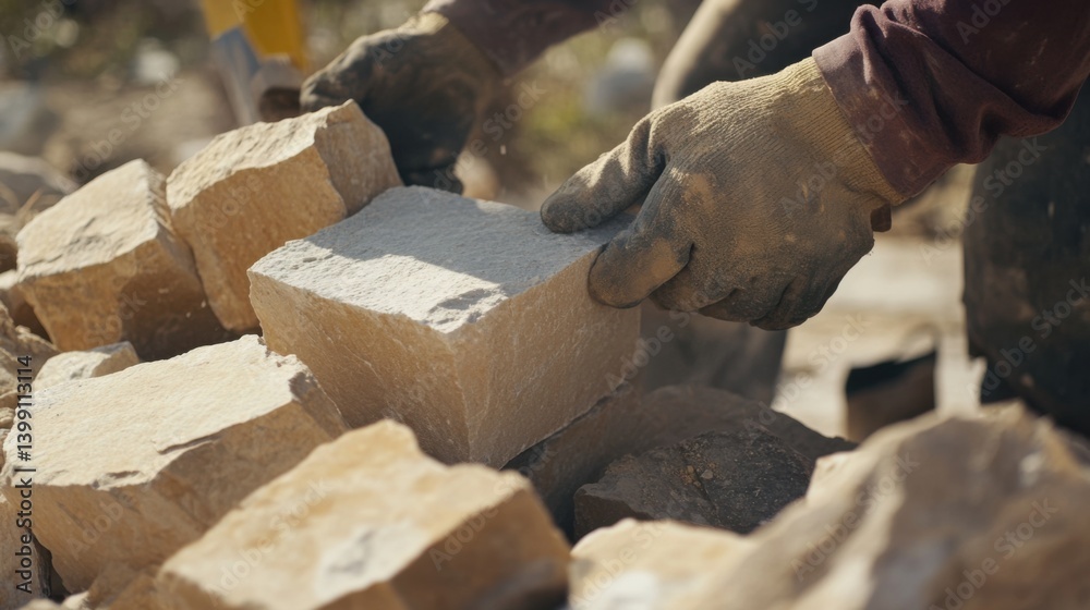 A construction site mason laying large stones for an exterior wall. Featuring craftsmanship and care A construction site mason laying large stones for an exterior wall. Featuring craftsmanship and care