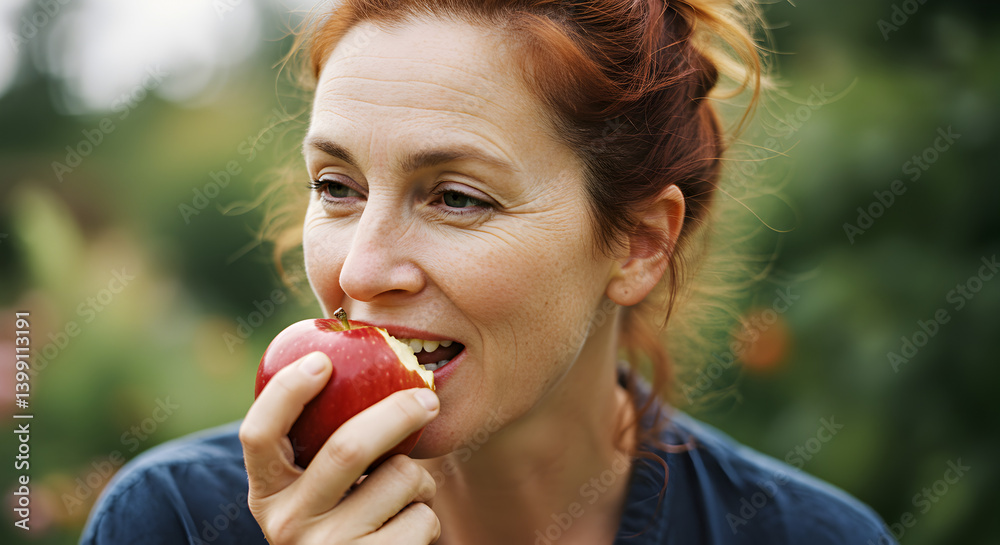 Mature Woman Eating Fresh Red Apple Outdoors Mature Woman Eating Fresh Red Apple Outdoors