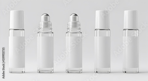 Minimalist clear glass roller bottles with white labels on a neutral background